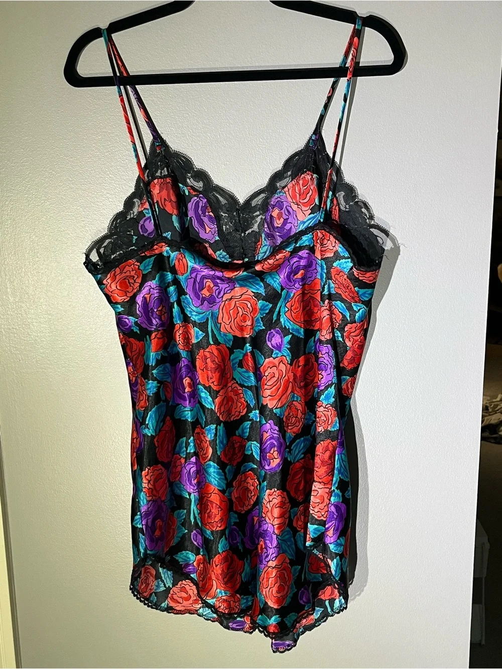Vintage 90s Cine Star Floral Satin Lace Trim Camisole Top/Mini Dress - Medium - Picture 4 of 5
